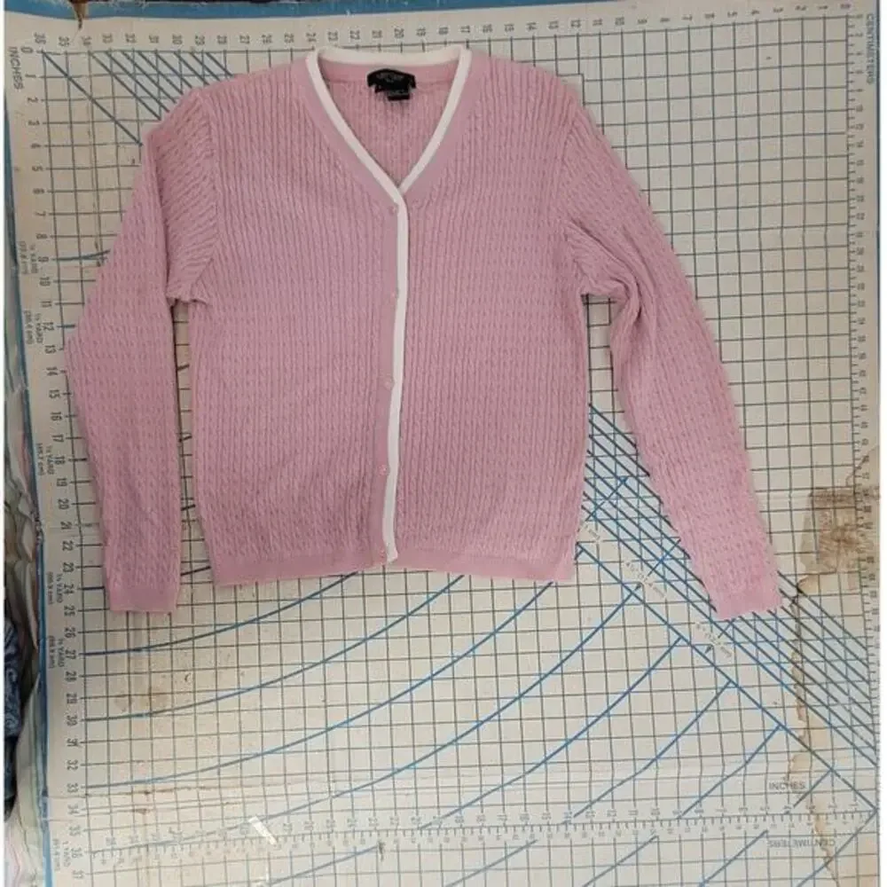 Karen Kane Golf Pink Cream Preppy Old Money Cable Knit Cardigan‎ Jacket Sweater - Picture 5 of 11